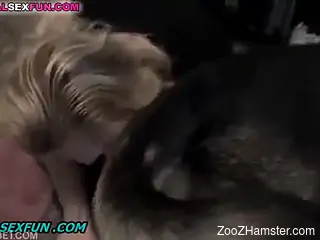 Blonde stands on all fours and lets dog penetrate her