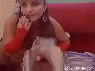 Camgirl dressed in red sucking on a dog's meaty cock