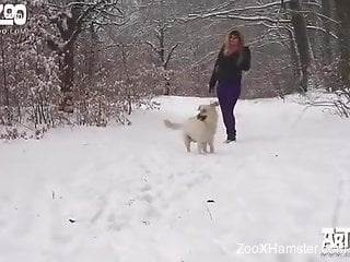 Wintertime bestiality with a skinny blond-haired hoe