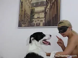 Fishnets wearing blonde bitch gets to fuck a dog