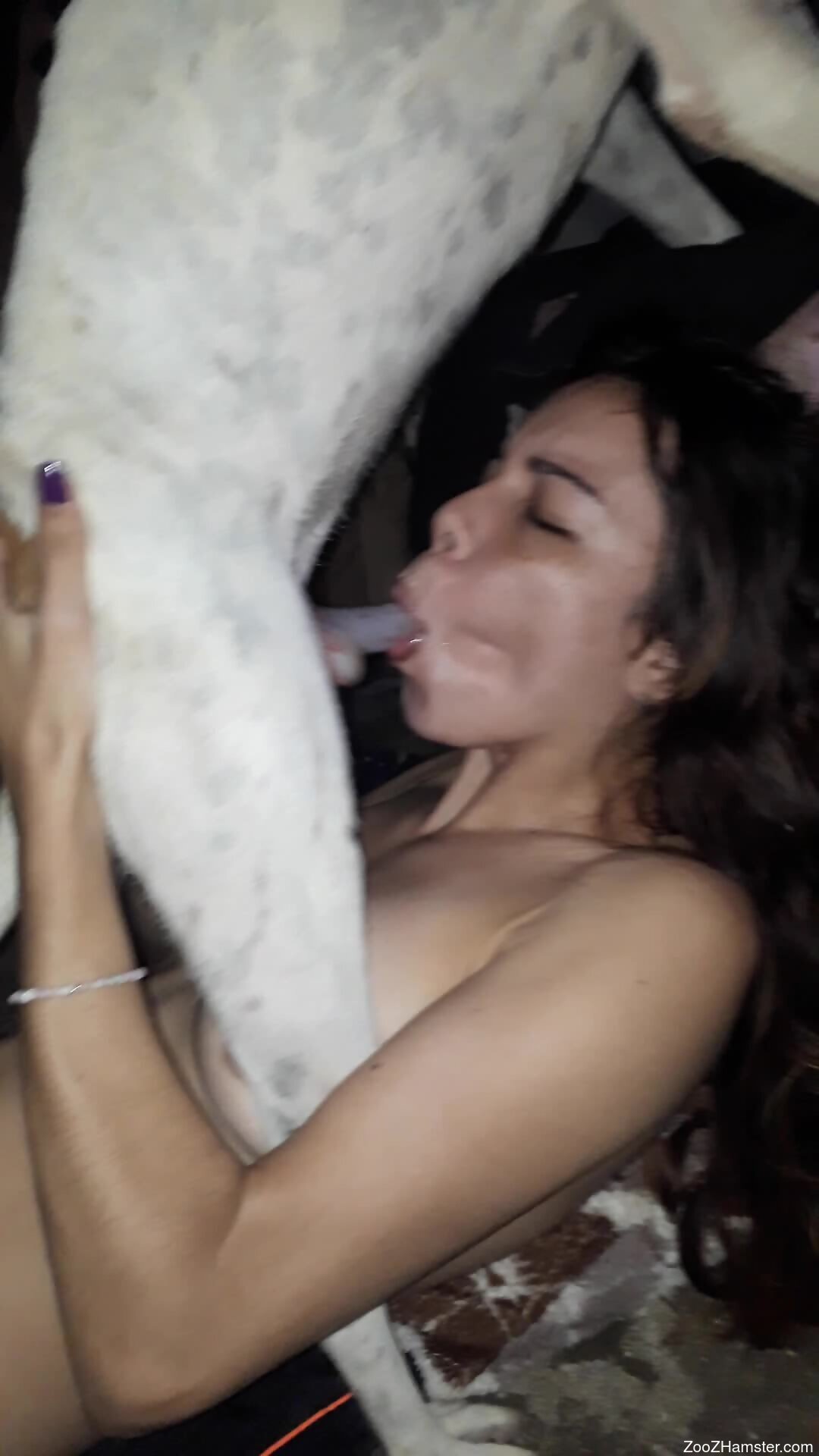 Insolent woman feels dog sperm on tits after hot blowjob