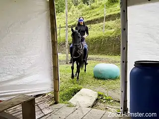 Curly brunette works proper horse dick in her tiny holes